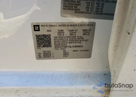 2020 Chevrolet Silverado K1500 Lt из США, поврежденный, VIN 3GCUYDET3LG406651